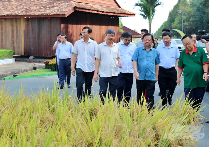 Bộ trưởng Bộ NN-PTNT Lê Minh Hoan khảo sát tại mô hình triển lãm Con đường lúa gạo Việt Nam. Ảnh: Phương Thảo.