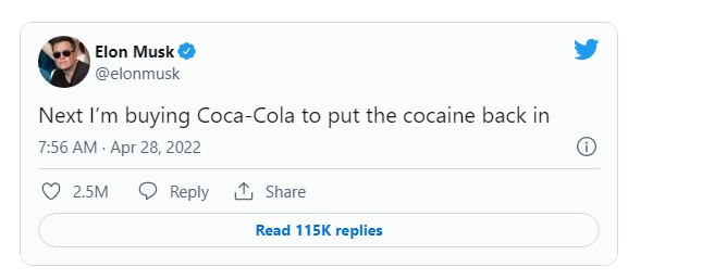 Đoạn tweet thông báo mua lại Coca Cola của Elon Musk