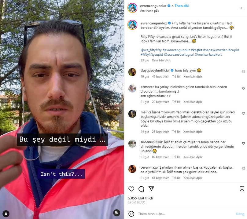 Evrencan Gündüz đăng tải đoạn video so sánh hai bài hát lên tài khoản Instagram cá nhân. (Ảnh: Chụp màn hình)