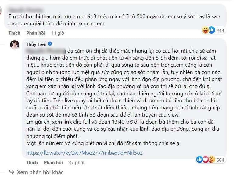 Cộng đồng mạng trực tiếp đặt câu hỏi cho Thuỷ Tiên về vụ việc phát thiếu tiền. Ảnh: Fanpage Thuỷ Tiên.