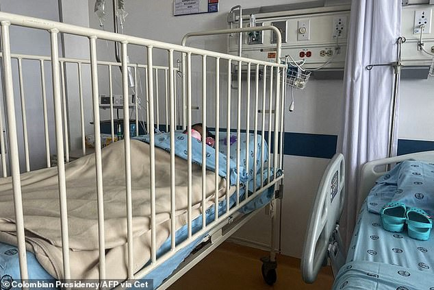 Một em bé đang nằm trong cũi tại bệnh viện sau khi sống sót trong rừng suốt 40 ngày. (Ảnh: dailymail.co.uk)