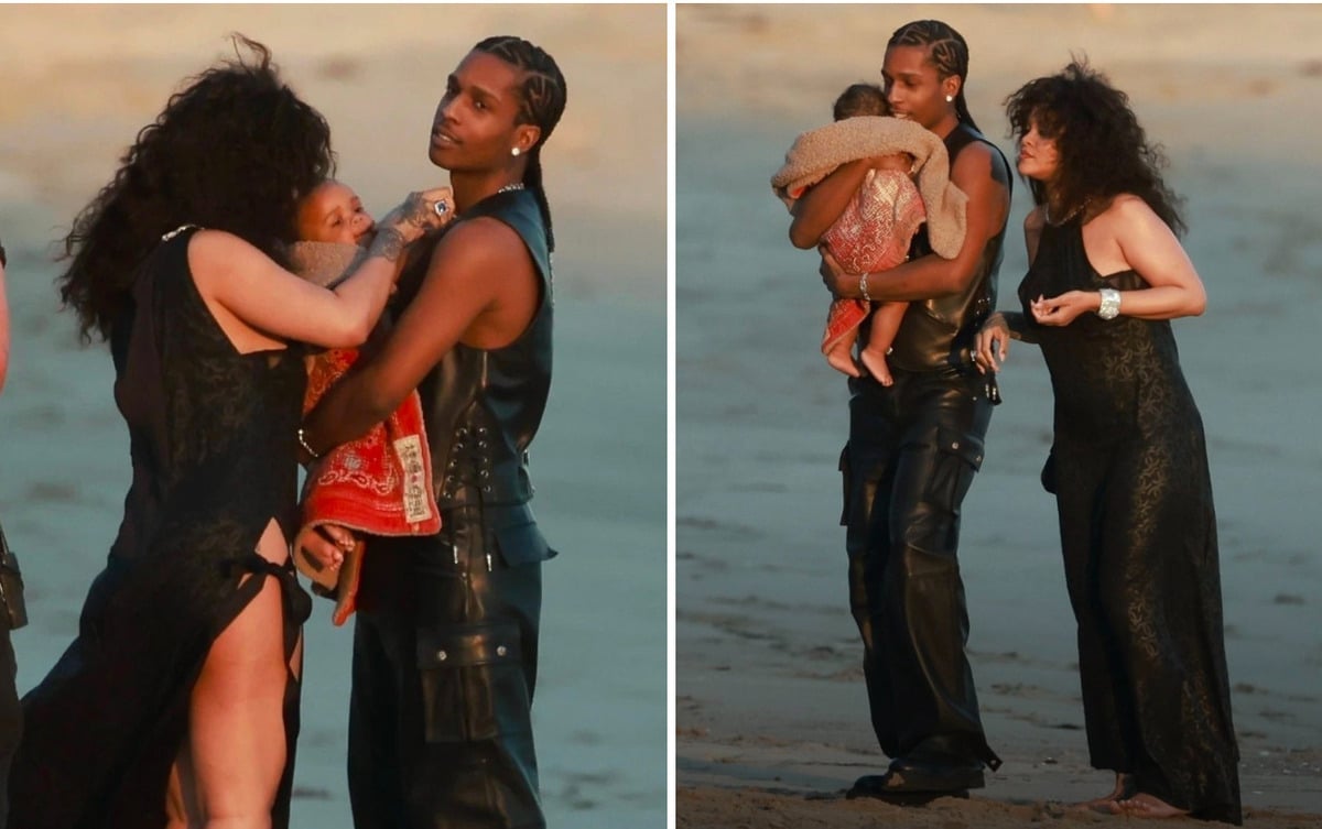 Vợ chồng Rihanna chụp ảnh bên bờ biển Malibu cùng con trai đầu lòng. Ảnh: Page Six.