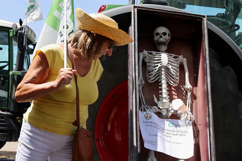 Một người phụ nữ nhìn vào tờ giấy và hình bộ xương được đặt bên cạnh máy kéo khi nông dân phản đối về tác động của hạn hán và yêu cầu chính phủ hành động ở Madrid (Tây Ban Nha). (Ảnh: REUTERS/Violeta Santos Moura)