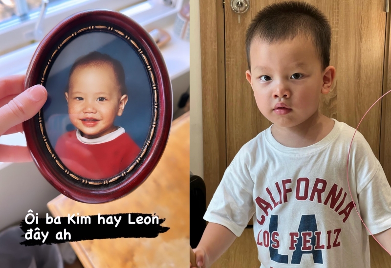 Ảnh Kim Lý thưở bé và con trai Leon hiện tại được ví như 'bản sao của bố'.
