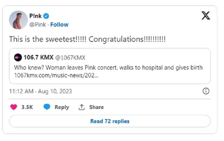P!nk gửi lời chúc mừng đến người hâm mộ đã vượt qua hành trình khó khăn để sinh con trong đêm diễn của cô.