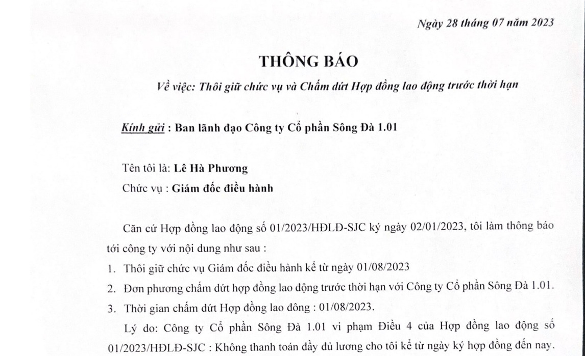 Thông báo về việc ông Lê Hà Phương thôi giữ chức vụ và chấm dứt hợp đồng lao động trước thời hạn. Ảnh chụp màn hình.