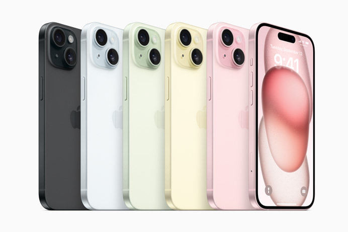 iPhone 15 và iPhone 15 Plus sẽ có năm màu mới là đen, xanh dương, xanh lá, vàng và hồng. (Ảnh: Apple)