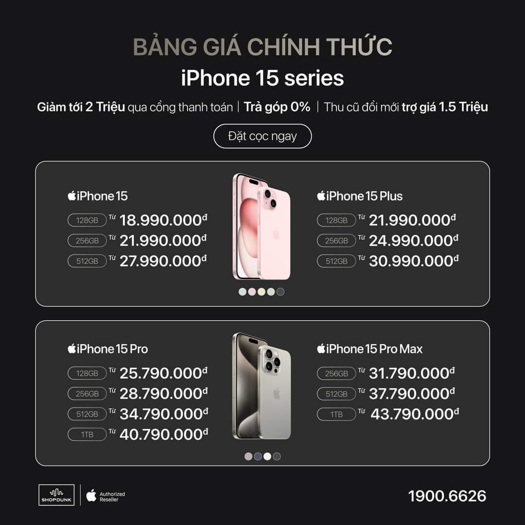 Giá bán iPhone 15 các phiên bản tại Việt Nam