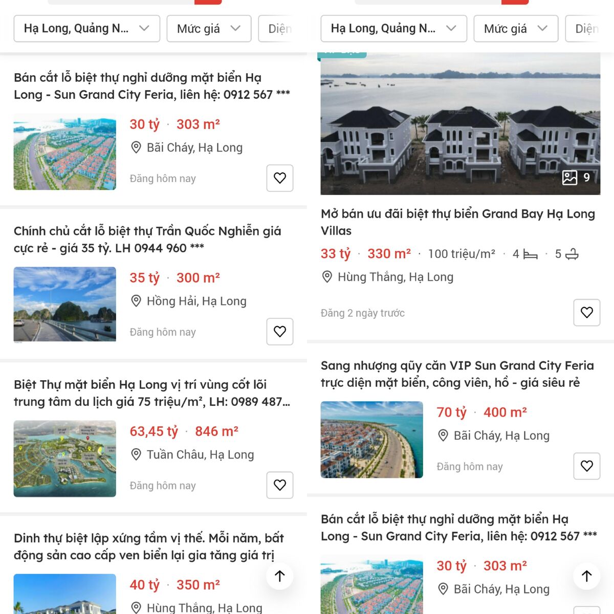 Nhiều chủ đầu tư rao bán cắt lỗ biệt thự ven biển tại TP Hạ Long. Ảnh chụp màn hình - Trịnh Anh