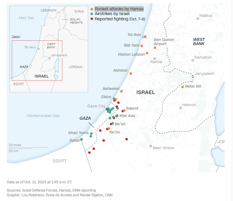 Các khu vực bị ảnh hưởng bởi cuộc giao tranh. Chấm cam: Cuộc tấn công tên lửa của Hamas; Chấm xanh: Các cuộc không kích của Israel; Chấm đỏ: Có báo cao giao tranh. (Ảnh: CNN)