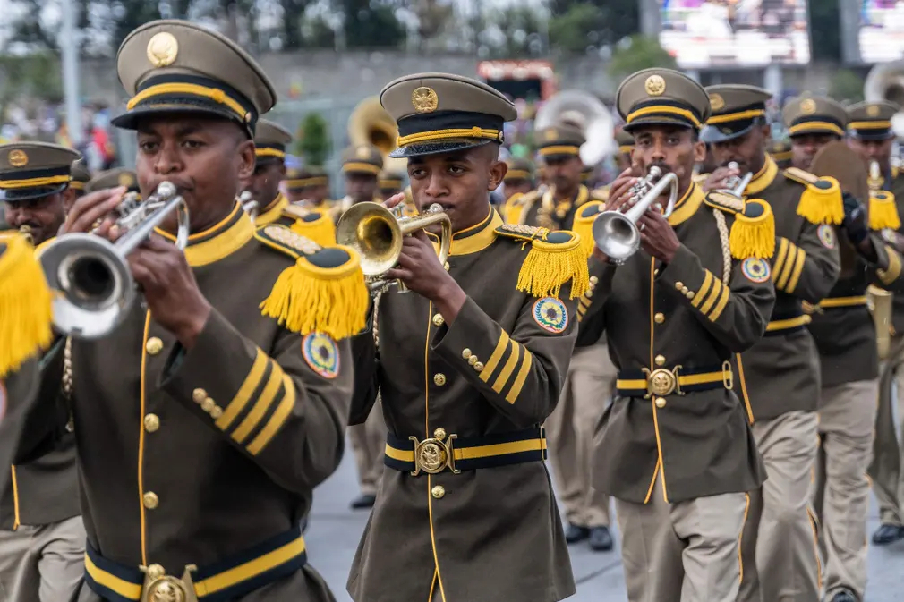 Các thành viên của Lực lượng Vệ binh Cộng hòa diễu hành trong lễ kỷ niệm Ngày Lực lượng Phòng vệ Ethiopia. (Ảnh: Amanuel Sileshi/AFP/Getty Images)