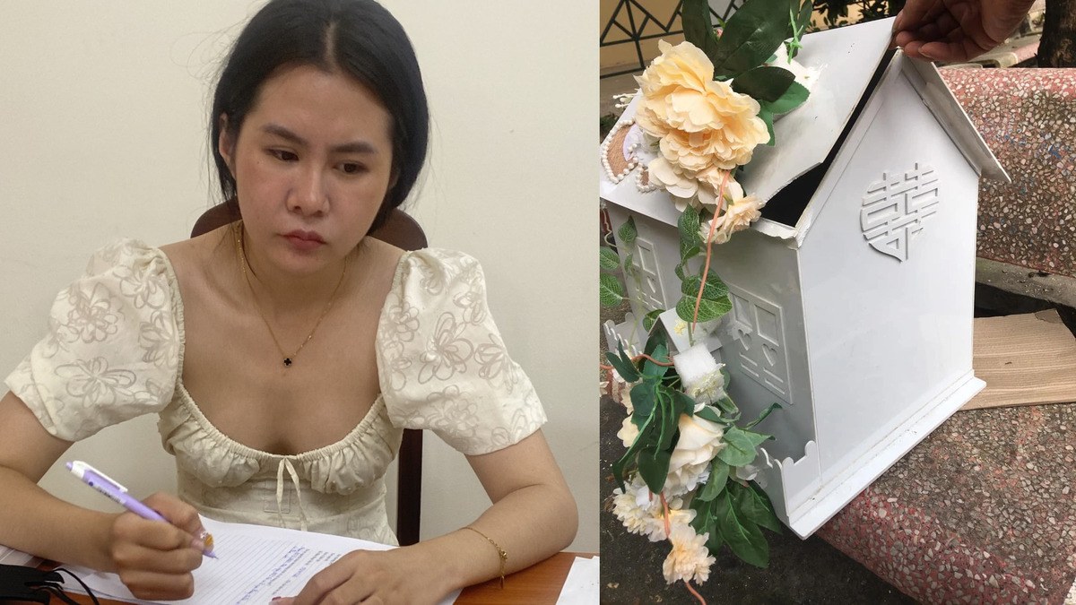 Nghi phạm Hoàng Thị Khánh Linh cùng hộp đựng tiền mừng đám cưới bị cạy phá. (Ảnh: CACC)