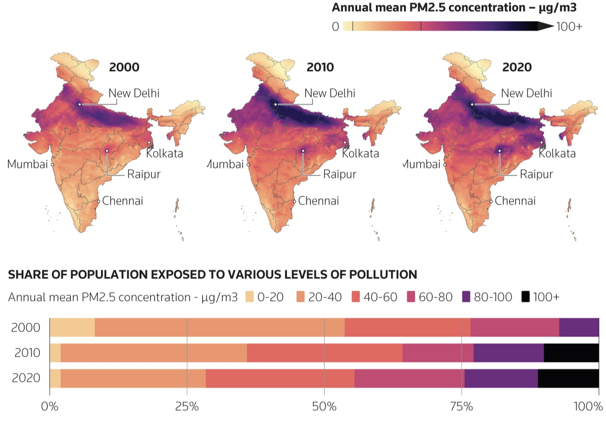 Nồng độ PM2,5 trung bình hàng năm - µg/m3 ở Ấn Độ. (Nguồn: Reuters)