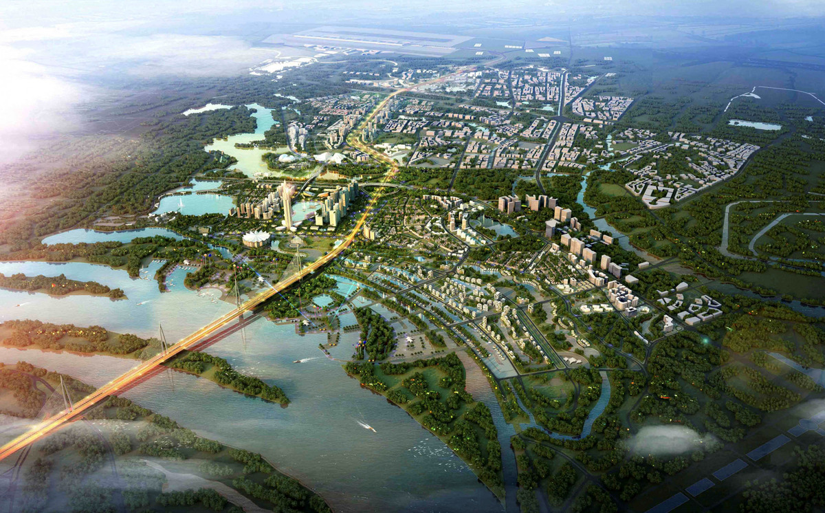 Phối cảnh Thành phố thông minh Bắc Hà Nội với Tháp tài chính 108 tầng ở vị trí trung tâm.