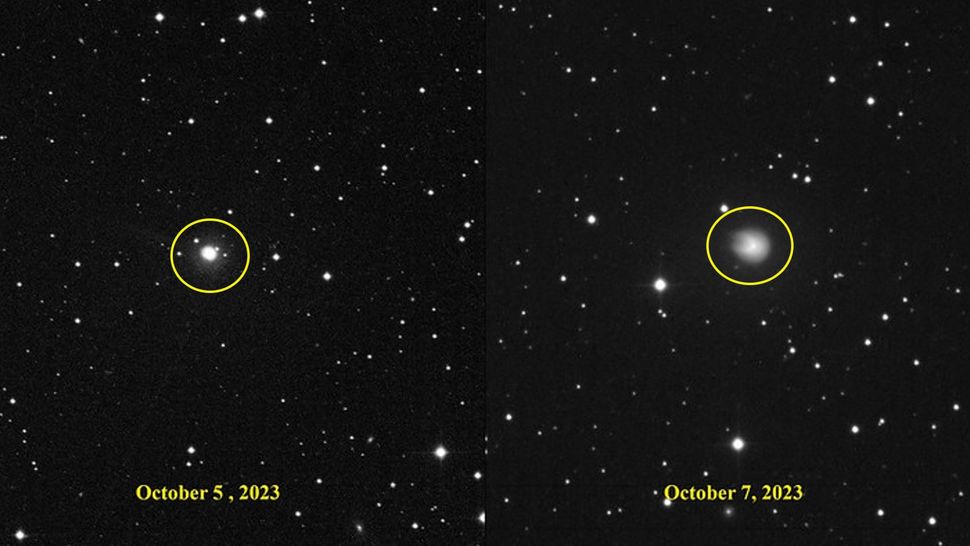 So sánh hình dáng của sao chổi vào ngày 5/10 (trái) và ngày 7/10 (phải). Có thể thấy những chiếc 