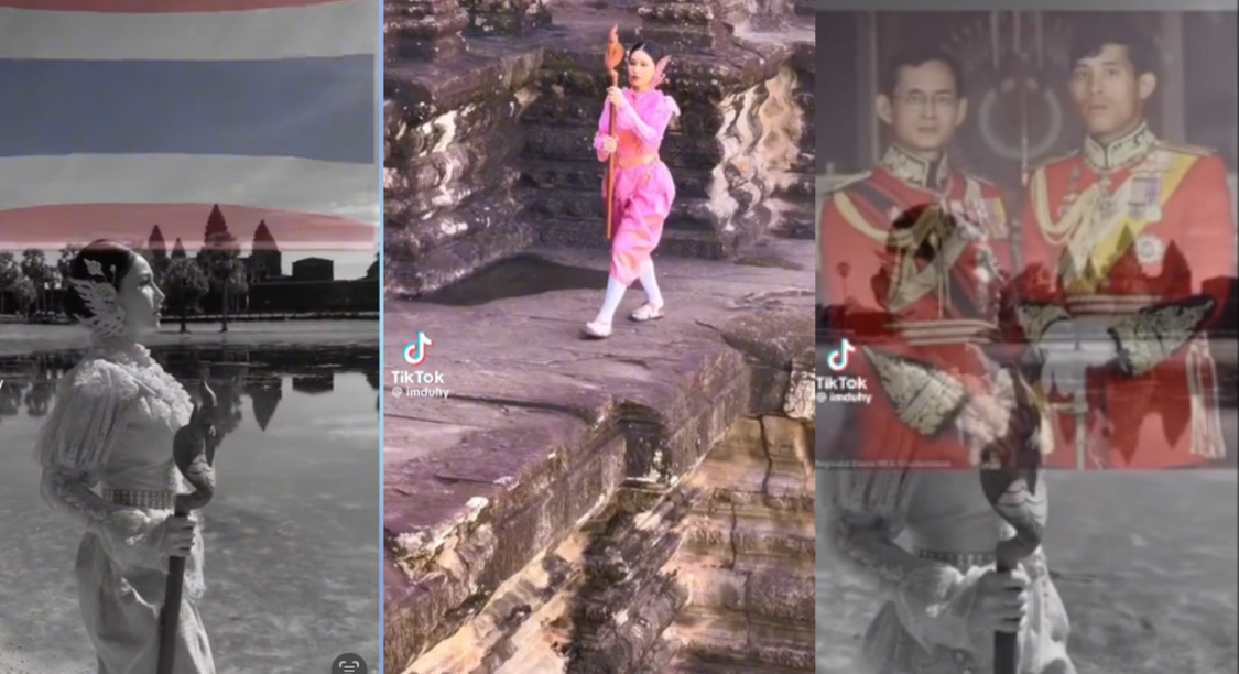 Tiktok Hứa Quốc Anh đăng tải clip quay bằng điện thoại di động tại AngKor Wat (Campuchia) nhưng lại ghép cờ hình cờ và vua Thái Lan. (Ảnh cắt từ clip)