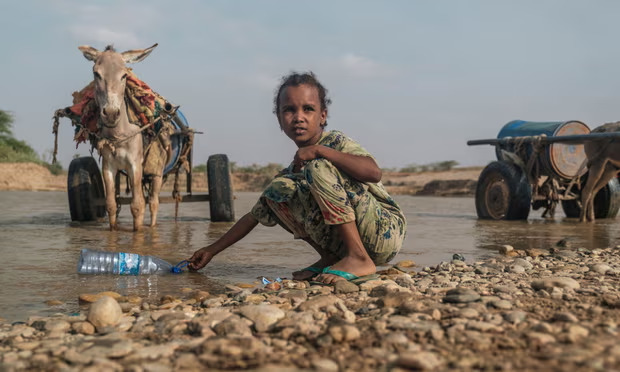 Một bé gái lấy nước từ sông Shebelle ở Ethiopia năm 2022 trong đợt hạn hán tồi tệ nhất vùng Sừng châu Phi trong 40 năm. (Ảnh: AFP)