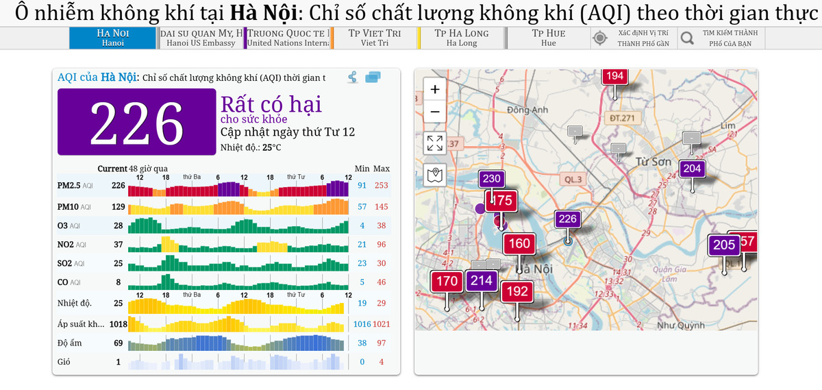 Chỉ số chất lượng không khí tại Hà Nội vào lúc 12h11 ngày 29/11 được đánh giá là rất có hại. Theo aqicn.org