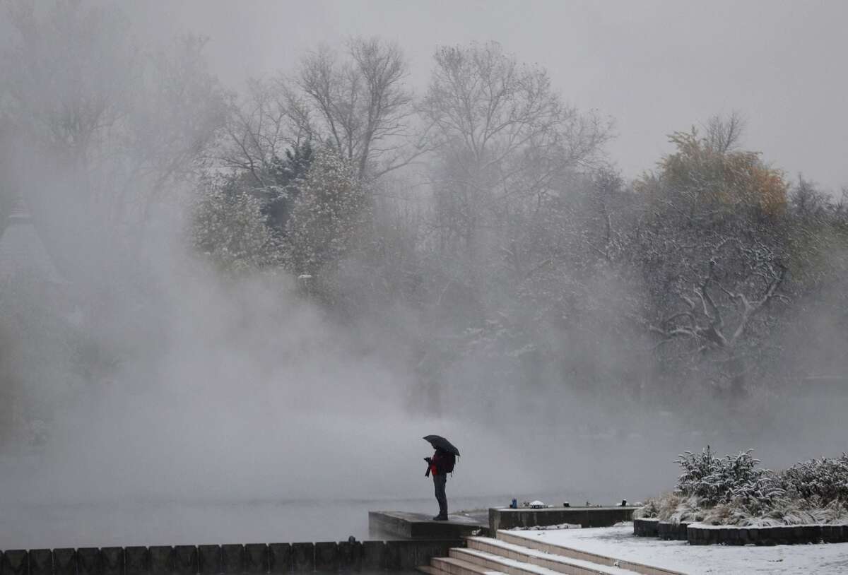Người đàn ông đứng ở công viên thành phố trong đợt tuyết rơi đầu tiên ở Budapest (Hungary). (Ảnh: REUTERS/Bernadett Szabo)