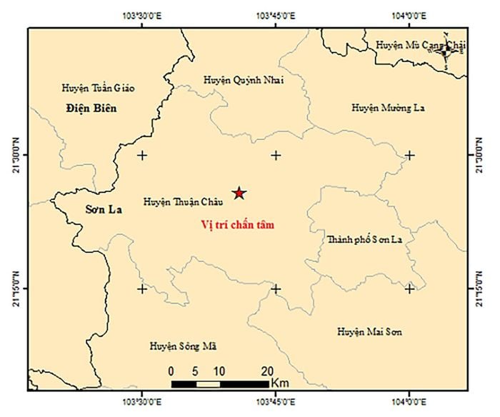 Bản đồ chấn tâm động đất ở Thuận Châu, Sơn La. (Ảnh: Viện Vật lý địa cầu)