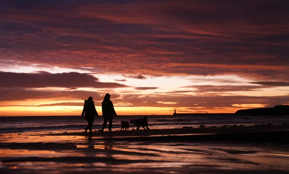 Người dân  dắt chó đi dạo lúc bình minh trên bãi biển Tynemouth (Vương quốc Anh). (Ảnh: Owen Humphreys/PA)