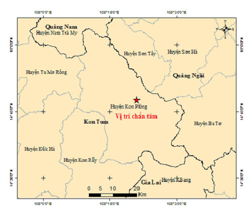 Vị trí xảy ra trận động đất tối 26/12 tại Kon Tum.