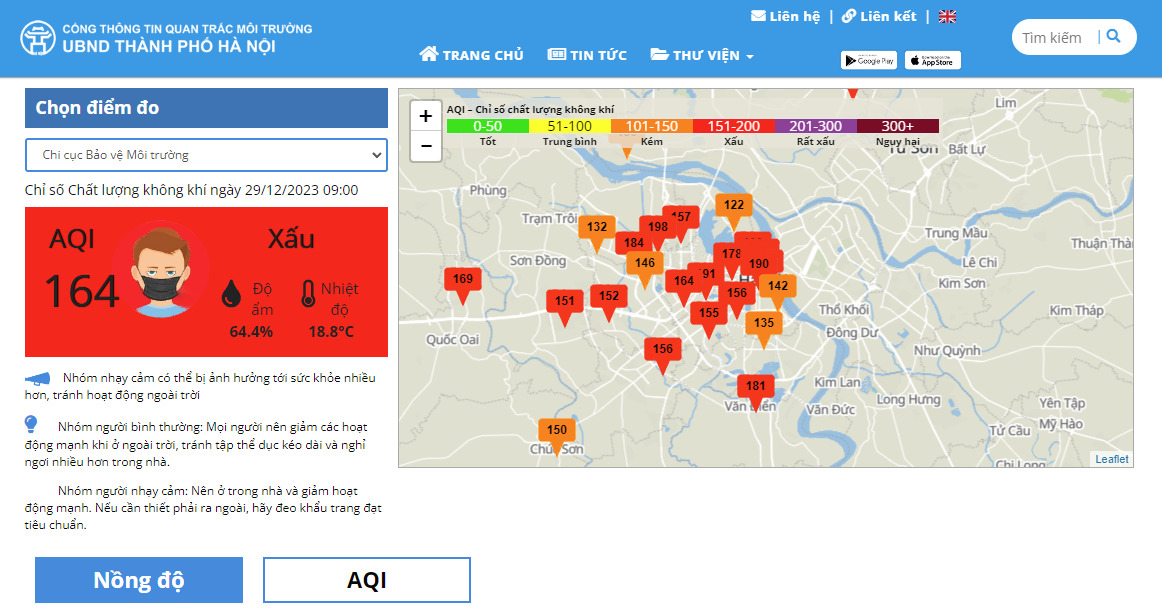 Theo Công thông tin Quan trắc Môi trường, ghi nhận chất lượng không khí ở nhiều nơi tại TP Hà Nội đang ở mức xấu.