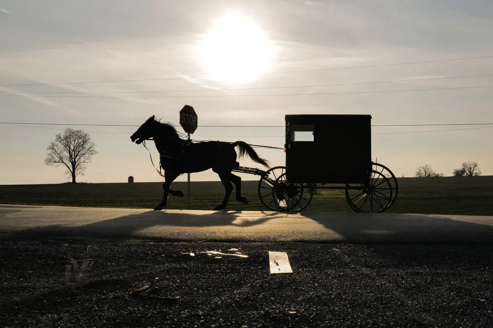 Một chiếc xe buggy của người Amish chạy trên đường lúc hoàng hôn ở Strasburg (Pennsylvania, Mỹ). (Ảnh: Charly Triballeau/AFP/Getty Images)