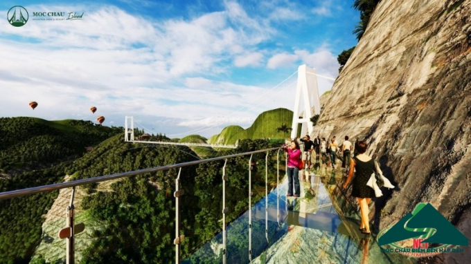 Cầu Kính Bạch Long tại khu tổ hợp Mộc Châu Island và đường đi bộ bằng kính bám theo vách núi.