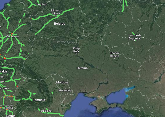 Dữ liệu giao thông trực tiếp trên Google Maps tại Ukraine không hiển thị trên Google Maps Việt Nam từ chiều 1/3.