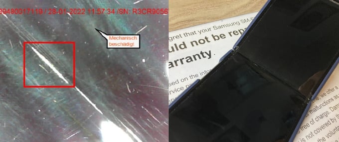 So sánh hình ảnh vết xước màn hình do Samsung (trái) và Juhani (phải) cung cấp trên thực tế | Ảnh: Juhani