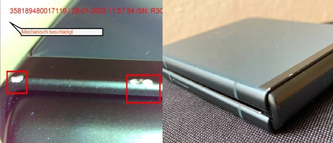 So sánh hình ảnh hư hỏng khung máy do Samsung (trái) và Juhani (phải) cung cấp trên thực tế | Ảnh: Juhani
