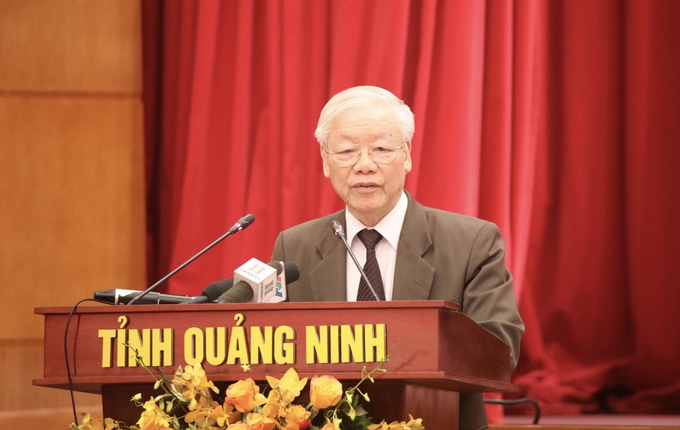 Tổng bí thư Nguyễn Phú Trọng phát biểu tại cuộc làm việc với tỉnh Quảng Ninh. Ảnh Thanh Niên