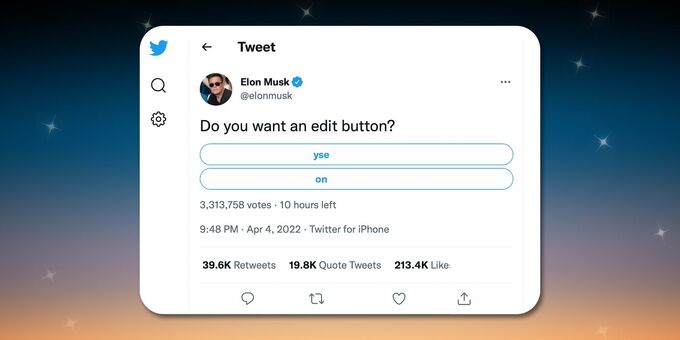 Bài đăng gây chấn động của Elon Musk đối với người dùng của Twitter có nội dung 'Bạn có muốn một nút chỉnh sửa bài đăng không?' với 2 câu trả lời được Elon Musk cố tình viết sai là 'yse' (Yes) và 'on' (No). Ảnh Twittter