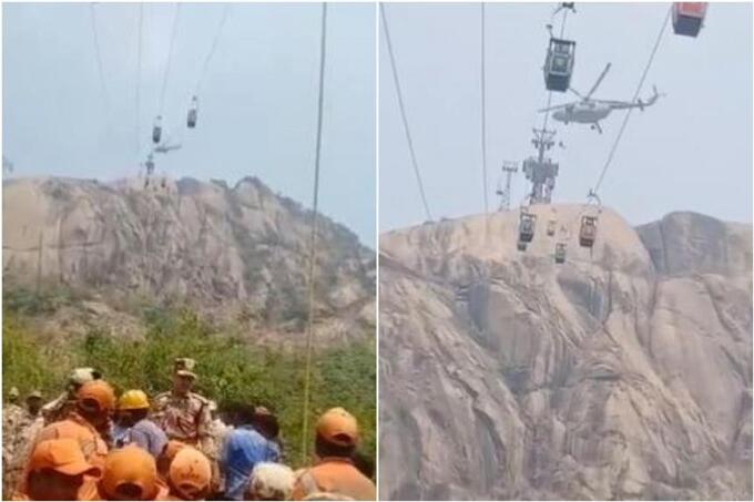 Ấn Độ đã cử 2 trực thăng quân sự nhằm giải cứu 48 du khách bị kẹt lại trên 3 cabin bị va chạm. Ảnh StraightsTimes