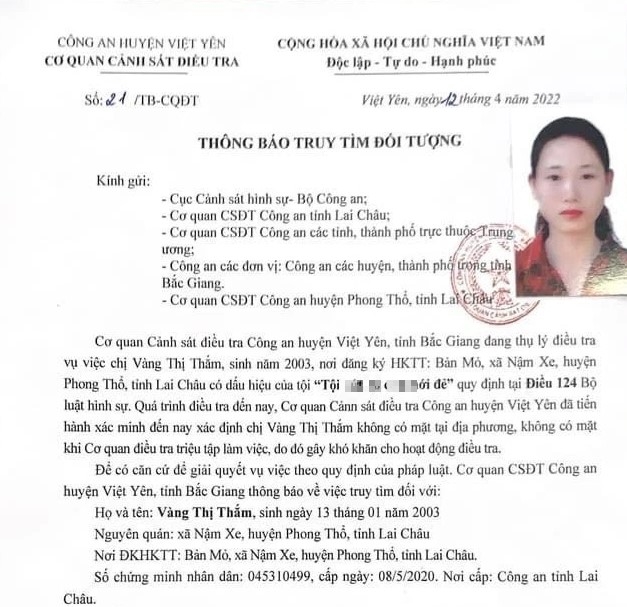 Đối tượng Vàng Thị Thắm đang bị Công an tỉnh Bắc Giang truy tìm.