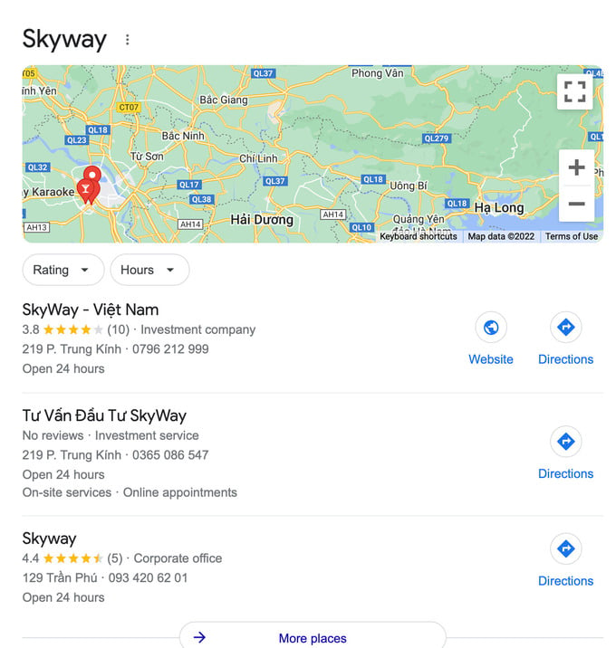 Địa chỉ văn phòng SkyWay khi tìm kiếm trên google