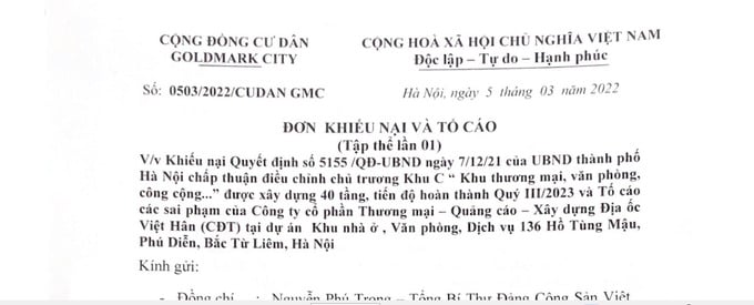 Gần nghìn cư dân TNR Goldmark City đã cùng ký đơn khiếu nại Quyết định 5155/QĐ-UBND ngày 7/12/2021 của UBND TP Hà Nội về việc chấp thuận chủ trương đầu tư cho công ty Việt Hân và tố cáo chủ đầu tư lừa đảo, gây thiệt hại cho khách hàng
