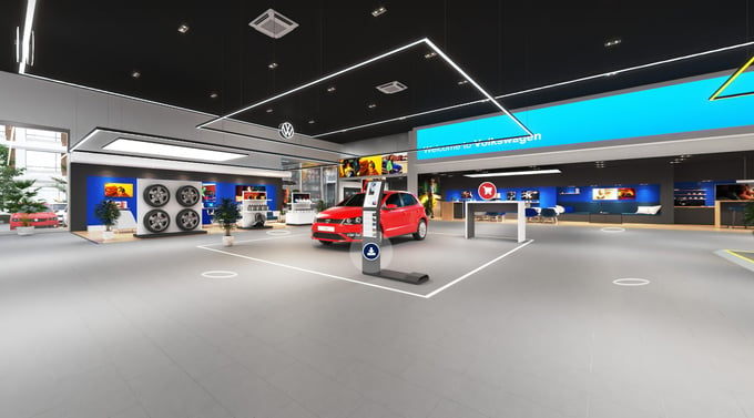Showroom ảo đầu tiên của Volkswagen Việt Nam được xây dựng theo tiêu chuẩn nhận diện thương hiệu mới của Tập đoàn Volkswagen với các khu vực đặc trưng. Ảnh Volkswagen