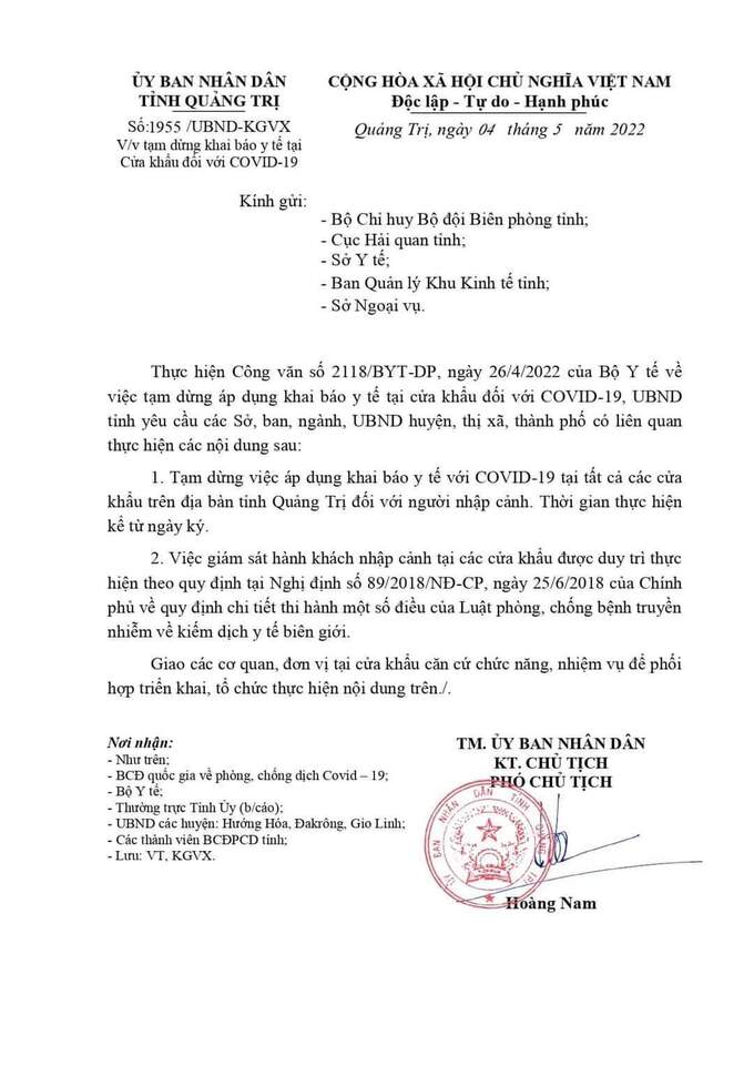 Nội dung công văn ngày 04/5 của UBND tỉnh Quảng Trị