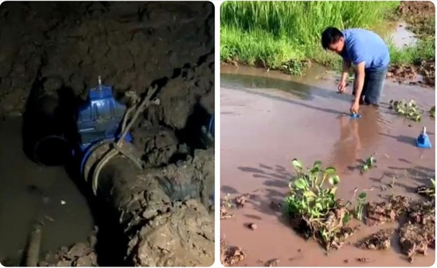Sự cố vỡ đường ống tạm sau khi UBND huyện Nghĩa Hưng tiến hành cưỡng chế đã gây 'mất nước' trên 8 xã trong các ngày 24, 25.5. Ảnh: TV