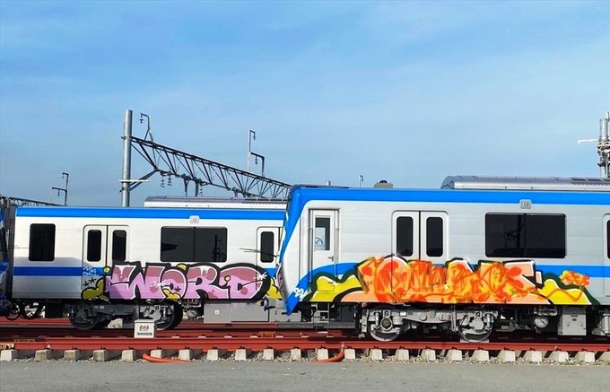 Tàu metro số 1 bị vẽ bẩn tại depot Long Bình. Ảnh Internet