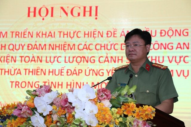 Đại tá Nguyễn Thanh Tuấn- Giám đốc Công an tỉnh Thừa Thiên Huế phát biểu tại hội nghị.
