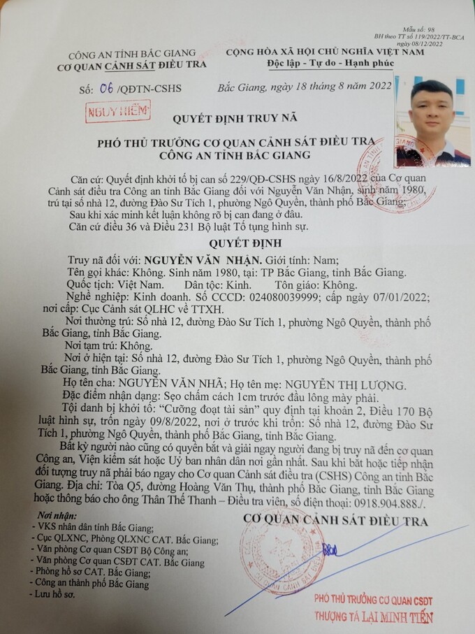 Quyết định truy nã đối tượng cầm đầu Nguyễn Văn Nhận