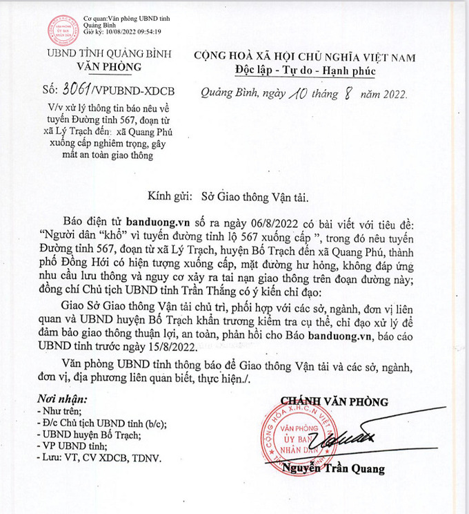 Công văn Chủ tịch UBND tỉnh Quảng – Trần Thắng chỉ đạo kiểm tra nội dung banduong.vn phản ánh.