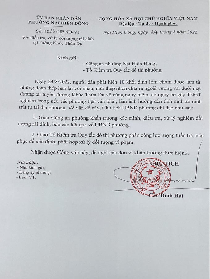 Công văn chỉ đạo của UBND phường Nại Hiên Đông giao cho công an và quy tắc điều tra xử lý vi phạm