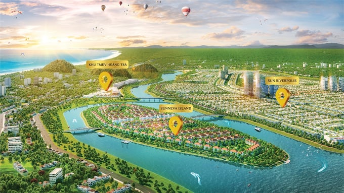 Quần thể “Thành phố hội nhập” gồm 3 mảnh ghép: Sunneva Island, Sun Riverpolis và khu thương mại dịch vụ Hoàng Trà. Ảnh phối cảnh minh họa
