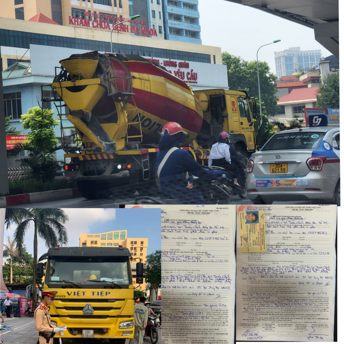 Đội CSGT số 3 lập biên bản, xử phạt các tài xế lái xe trộn bê tông Việt Tiệp vào công trường xây dựng ở địa chỉ 201 Trường Chinh không đúng giờ quy định.