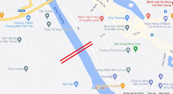 Vị trí xây dựng cây cầu Á Lữ bắc qua sông Thương (TP. Bắc Giang). (Ảnh: Google Maps).