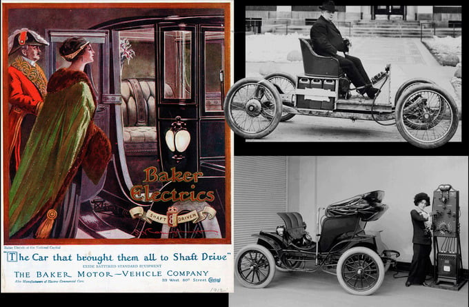 Trái: Quảng cáo cho Baker Motor Vehicle Co. từ năm 1912. Trên cùng bên phải: Một chiếc Ford chạy điện thử nghiệm. Dưới cùng bên phải: Một người phụ nữ sử dụng bộ sạc pin quay tay để sạc một chiếc ô tô chạy điện Columbia Mark 68 Victoria vào năm 1912